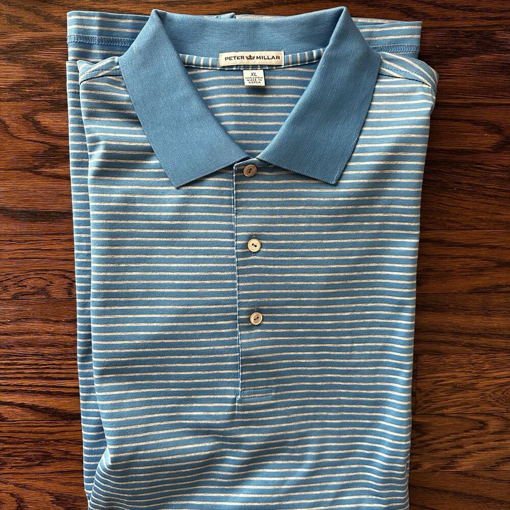 New Peter Millar Cotton Golf Casual Polo Shirt Mens XL Blue Stripe